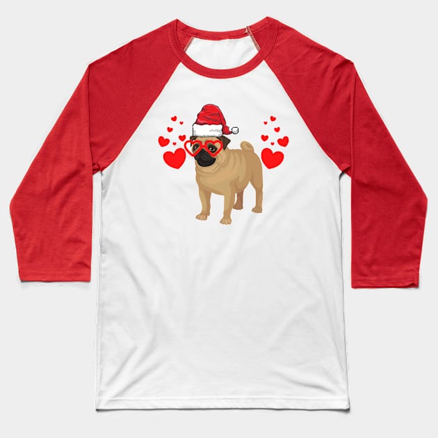 Santa Hat-Wearing Pug Dog Funny Christmas Holiday Baseball T-Shirt by Contentarama